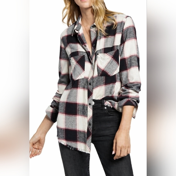 Rails Tops - Rails | Leo White Midnight Magenta Frayed Hem Snap Button Flannel Shirt, Size L